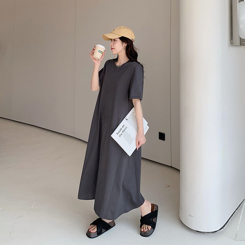 寬鬆遮肚減齡連衣裙大碼顯瘦休閒過膝T恤裙