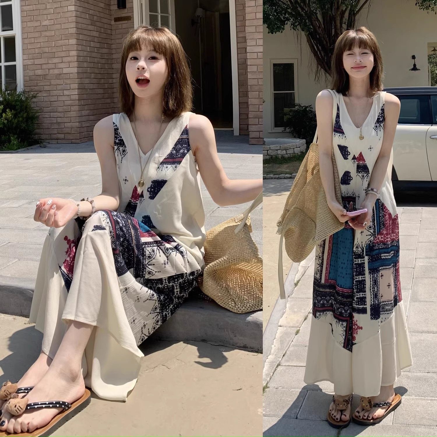 海島風休閒闊腿連體褲女夏復古印花背帶褲氣質V領無袖背心連衣褲