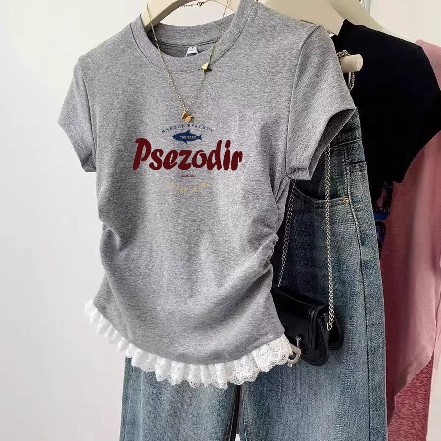 美式短款正肩蕾絲設計感褶皺收腰短袖t恤