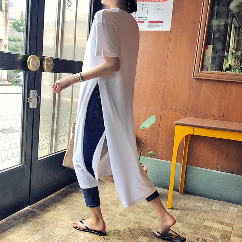 韓版寬鬆大碼休閒時尚過膝長版雙開叉短袖T恤