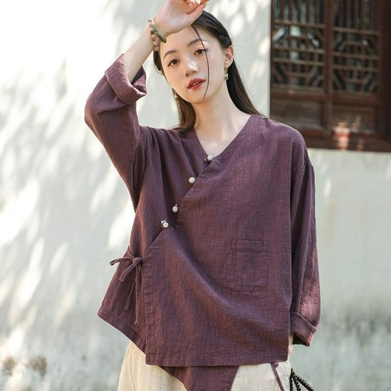 復古盤扣文藝禪意茶服系帶短款棉麻開衫