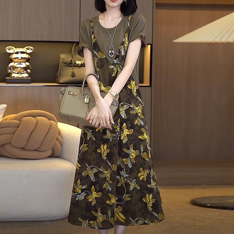 小香風有口袋吊帶假兩件大碼顯瘦過膝洋裝