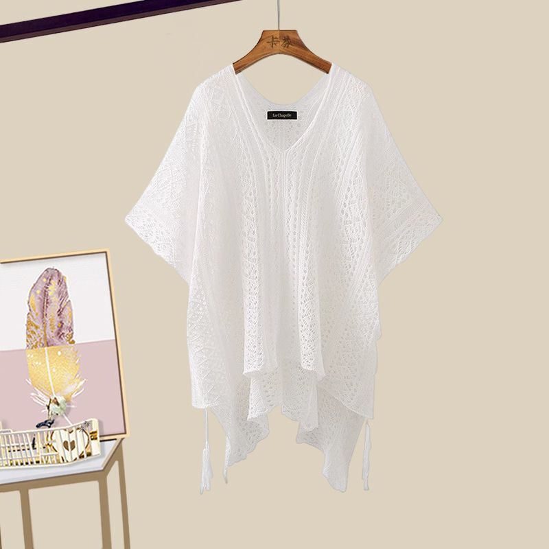 【單件/套裝】大碼防曬鏤空罩衫+復古寬鬆顯瘦牛仔短褲兩件套