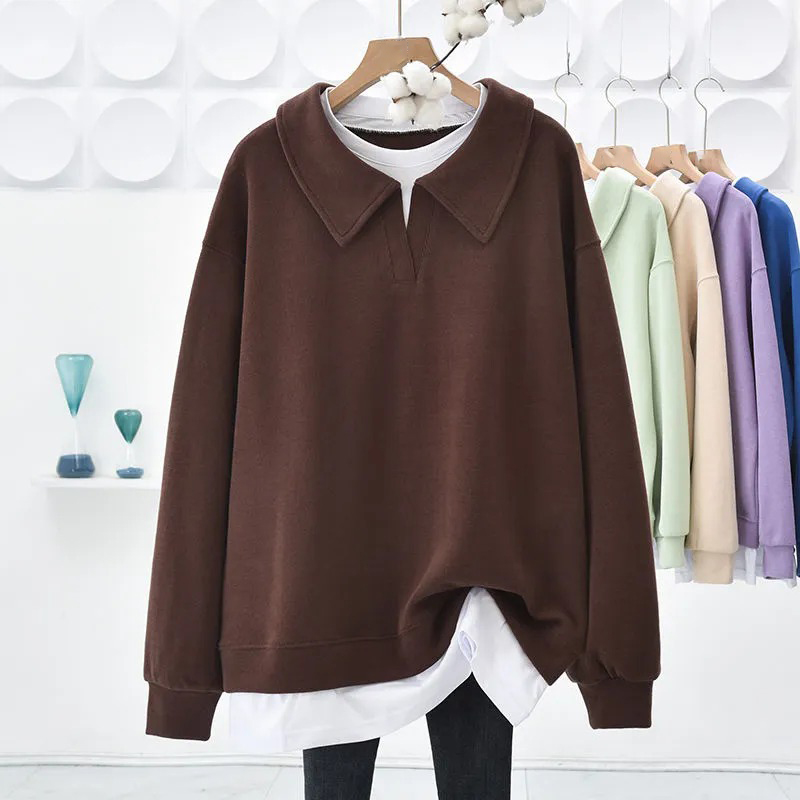 Polo領翻領假兩件拼接中長款遮臀寬鬆衛衣