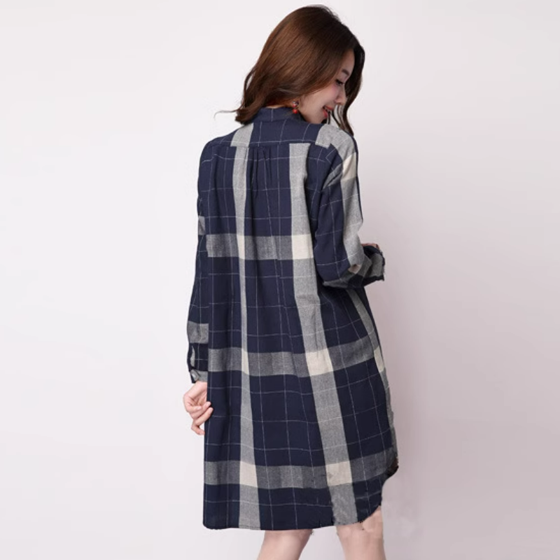 韓版大碼亞麻寬鬆中長款格子裙長袖棉麻襯衫