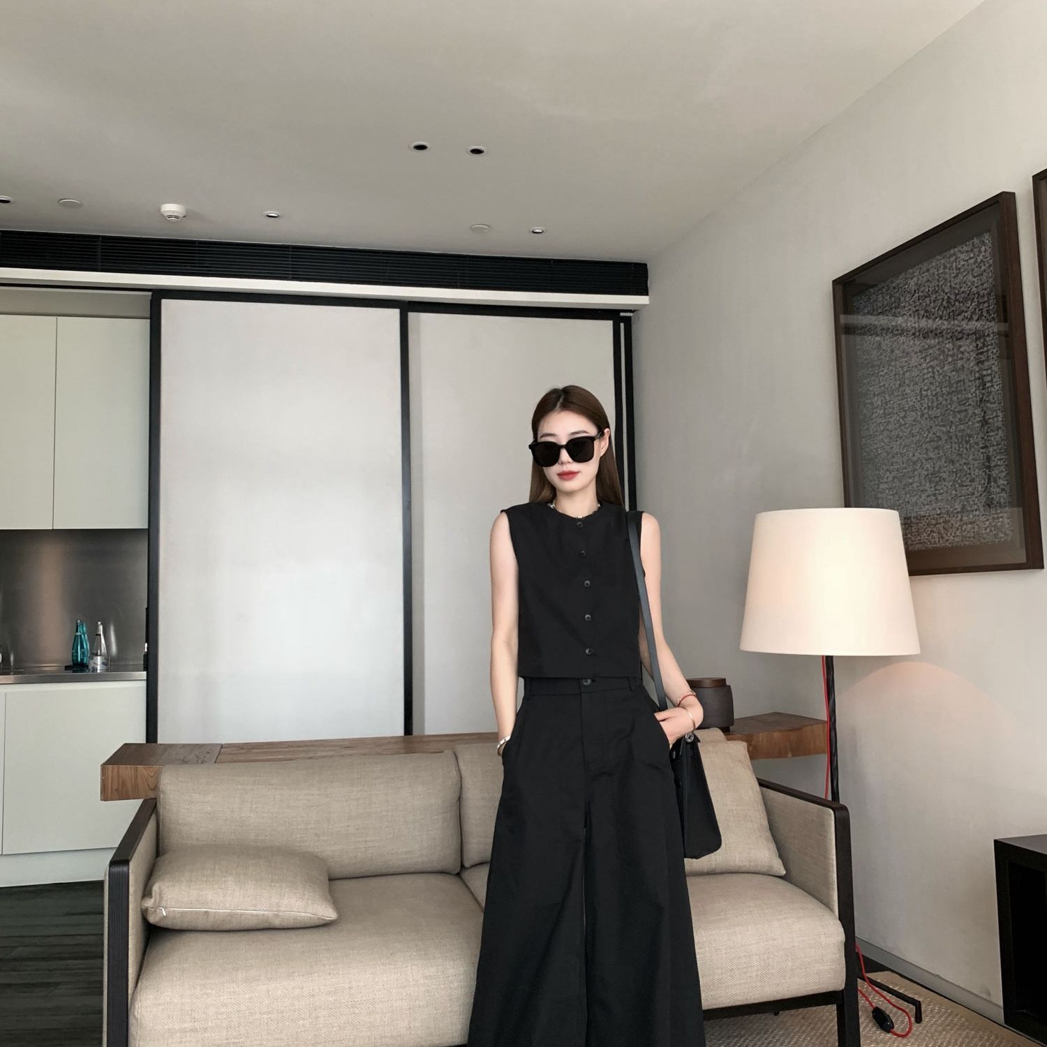 【單件/套裝】極簡設計兩穿無袖背心+寬鬆休閑闊腿褲套裝