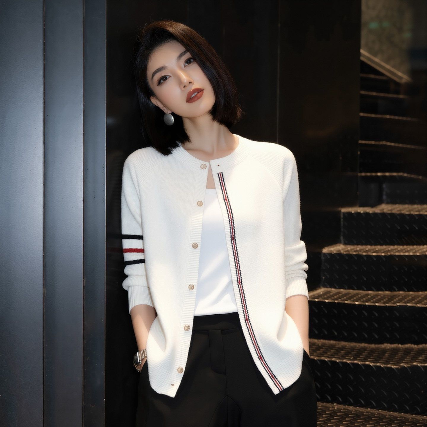 @韓版簡約撞色條紋圓領顯瘦針織開衫