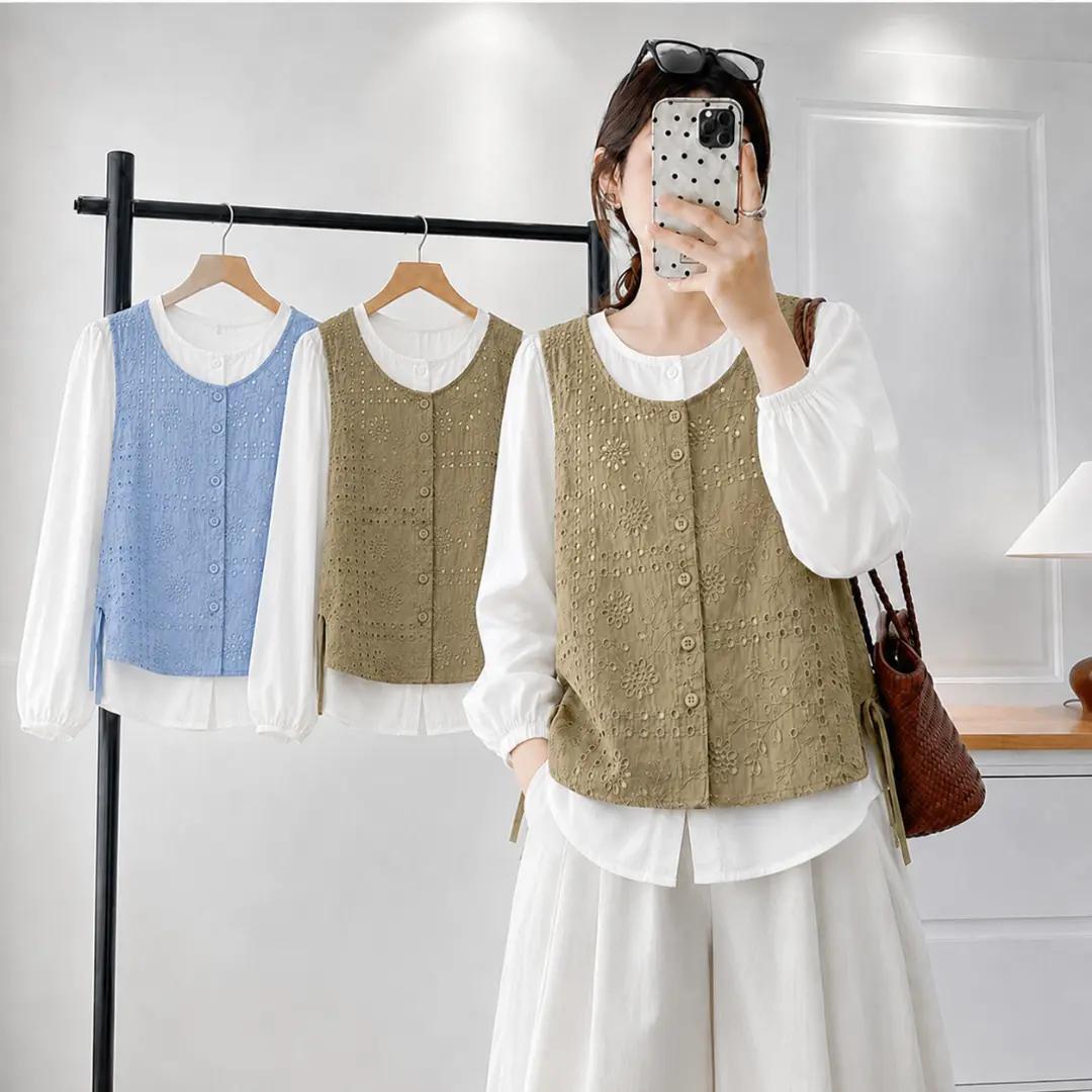 大碼洋氣顯瘦鏤空刺繡百搭假兩件襯衫