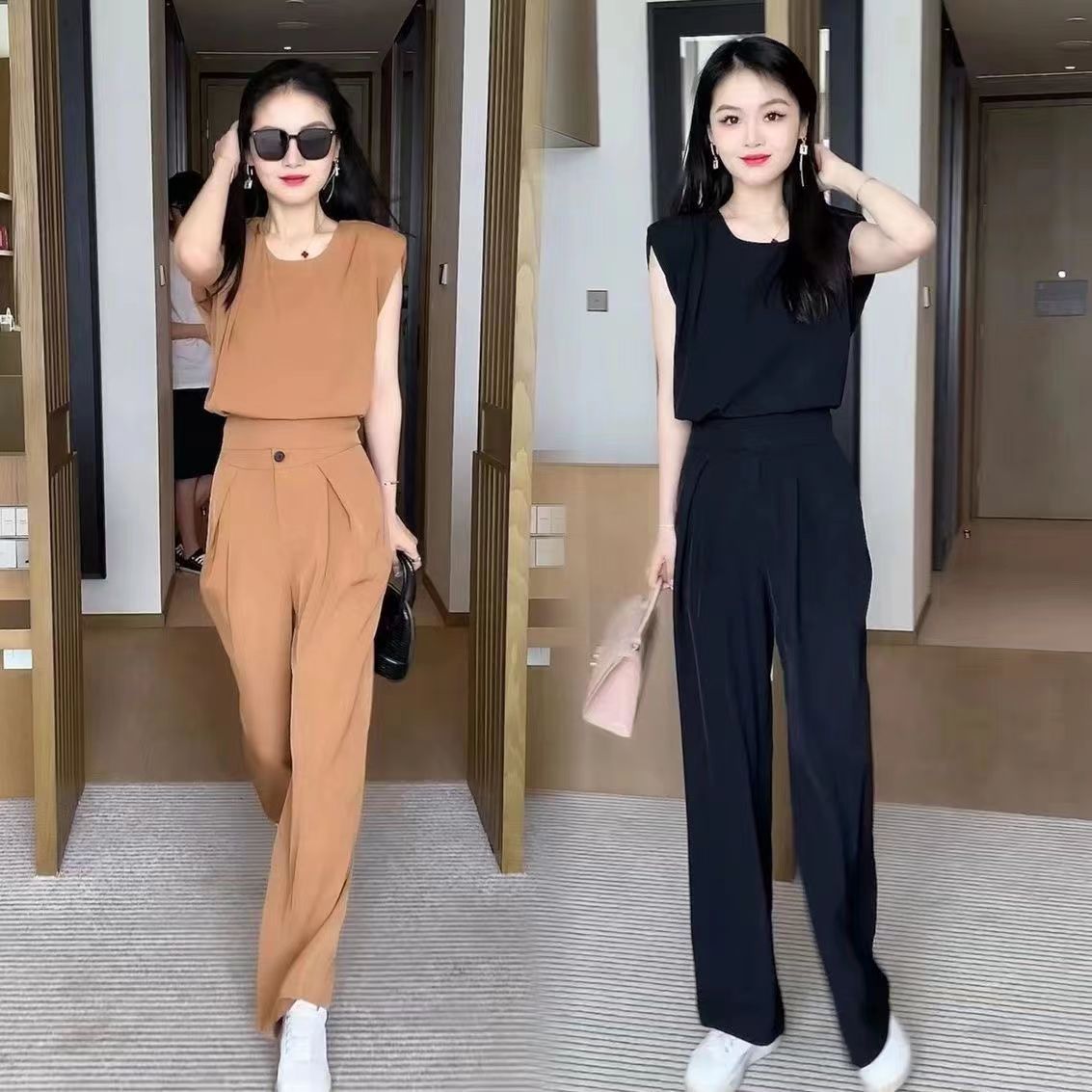 【整套】時尚高端洋氣質減齡無袖上衣+垂感顯瘦休閑闊腿褲兩件套