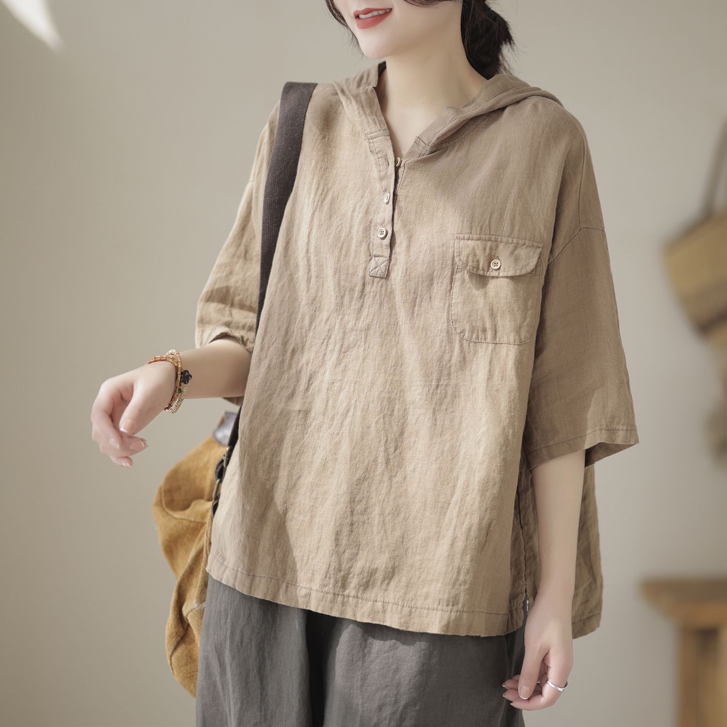 文藝簡約寬鬆顯瘦棉麻透氣連帽短袖