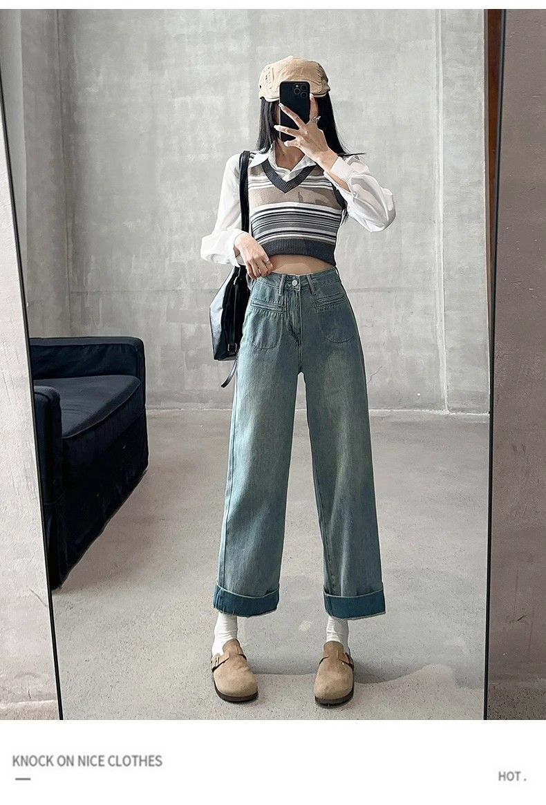 窄版高腰直筒捲邊顯瘦百搭闊腿牛仔褲