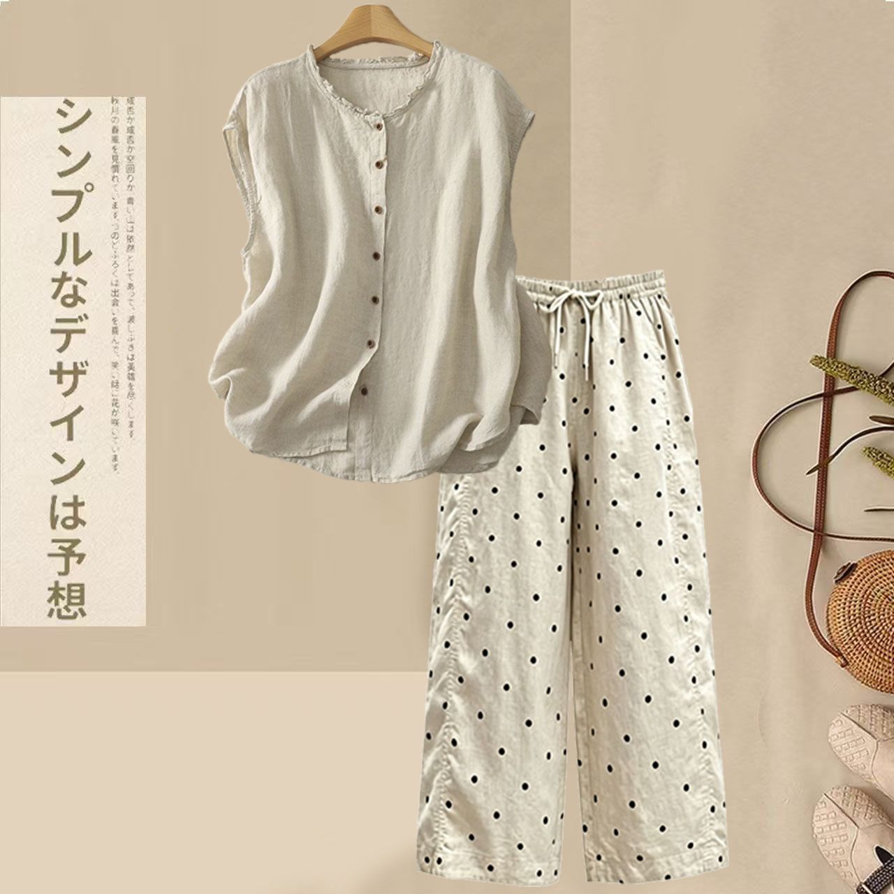 【整套】慵懶風棉麻木耳襯衫+寬松休閑波點褲兩件套