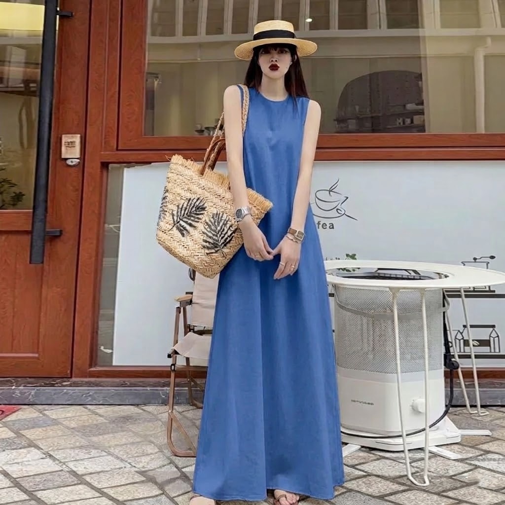 高級感甜酷風小眾A字氣質無袖超長洋裝