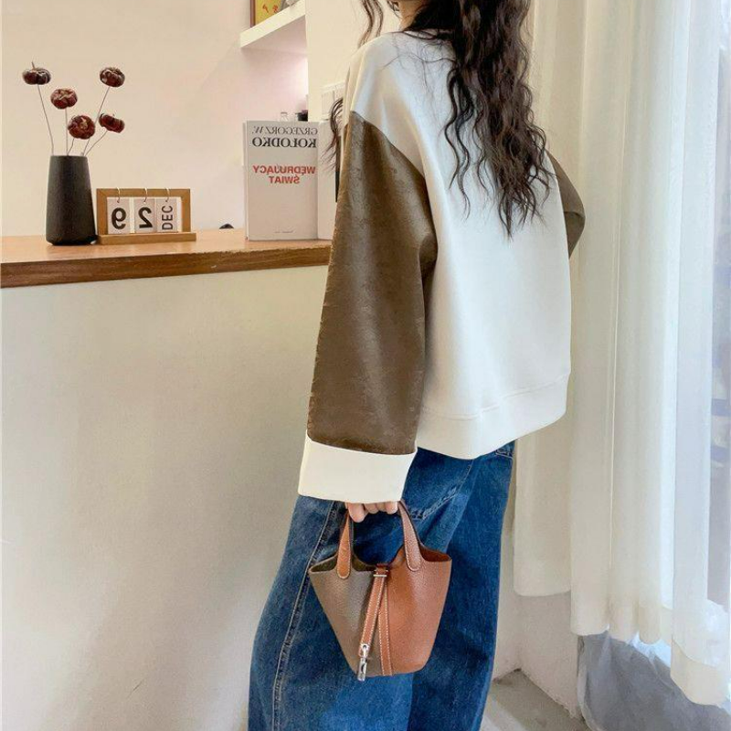 時尚潮流圓領寬鬆簡約拼接設計感休閒百搭長袖衛衣