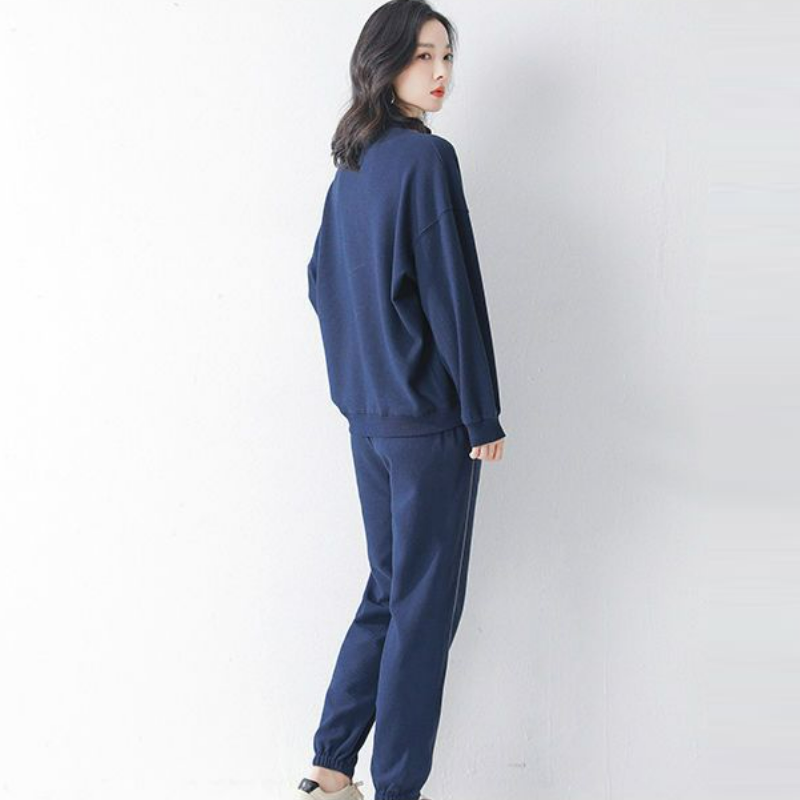 【整套】華夫格日韓休閑長袖T恤+跑步運動束腳褲兩件套裝