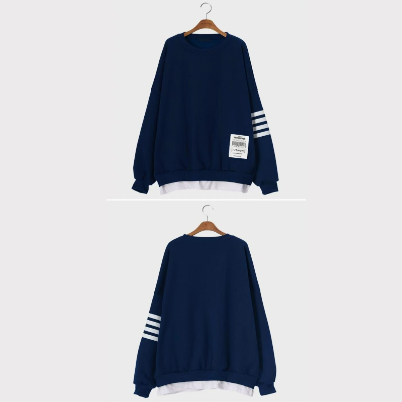 日韓假兩件袖條寬鬆休閒顯瘦貼標長袖T恤