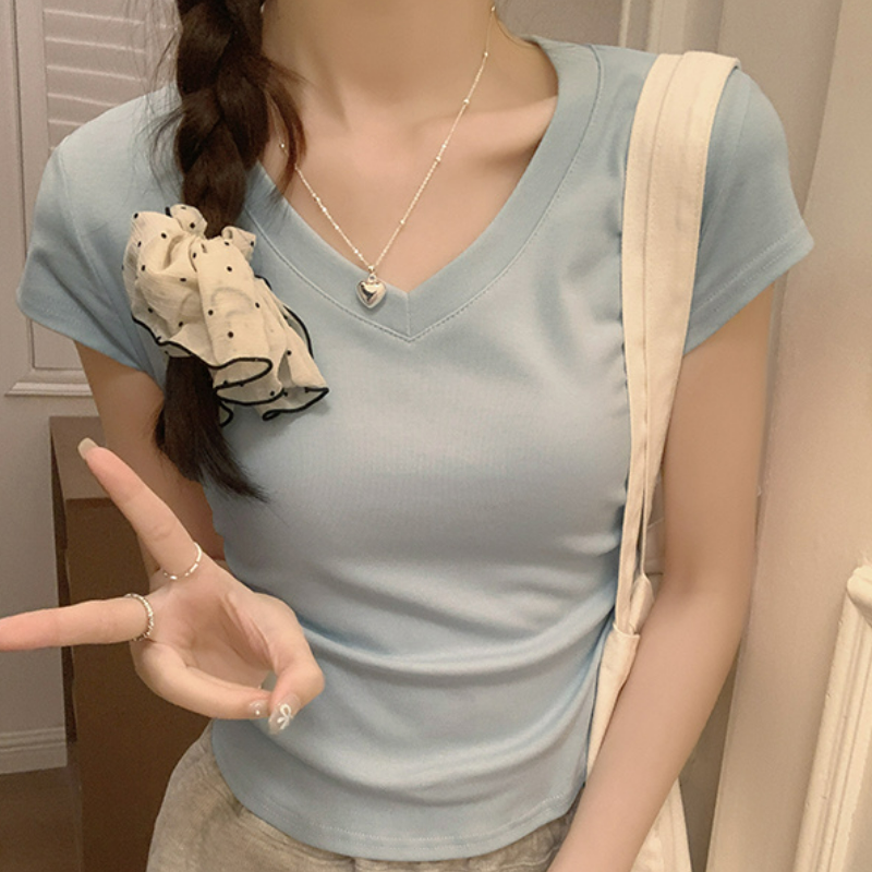 別緻洋氣圓領設計感褶皺收腰百搭顯瘦正肩短袖T恤