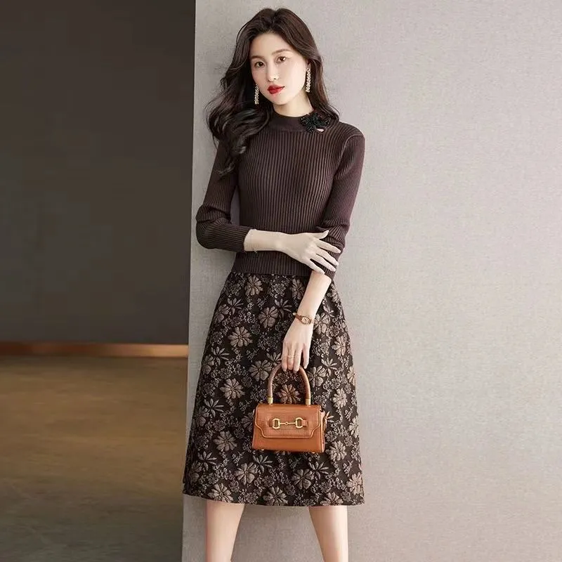 時尚氣質顯瘦過膝假兩件中長版針織洋裝