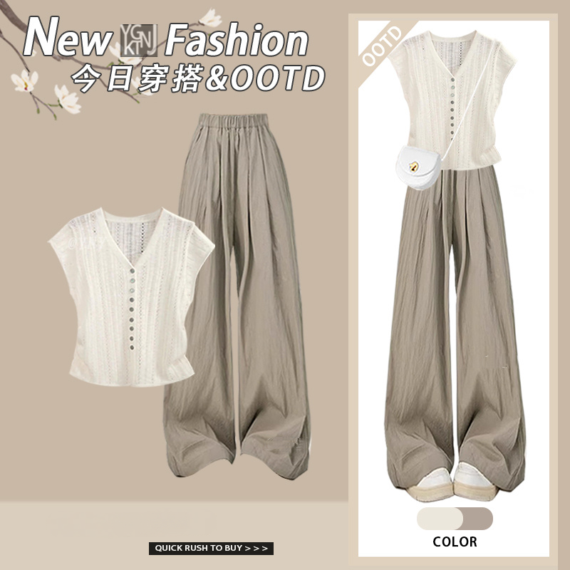 【單件/套裝】鏤空無袖針織薄款短袖優雅休閒長褲兩件套裝