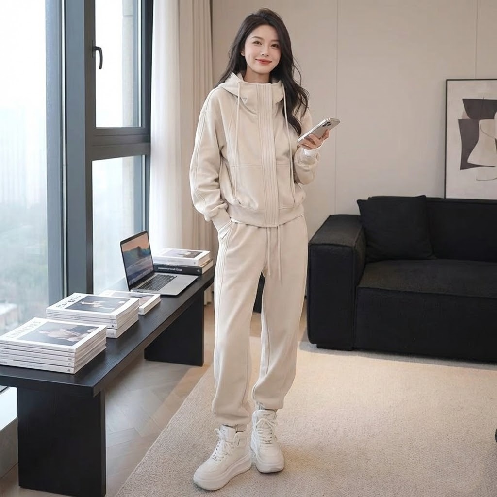 【整套】加厚刷毛時尚長袖連帽外套+休閒束脚褲兩件套裝