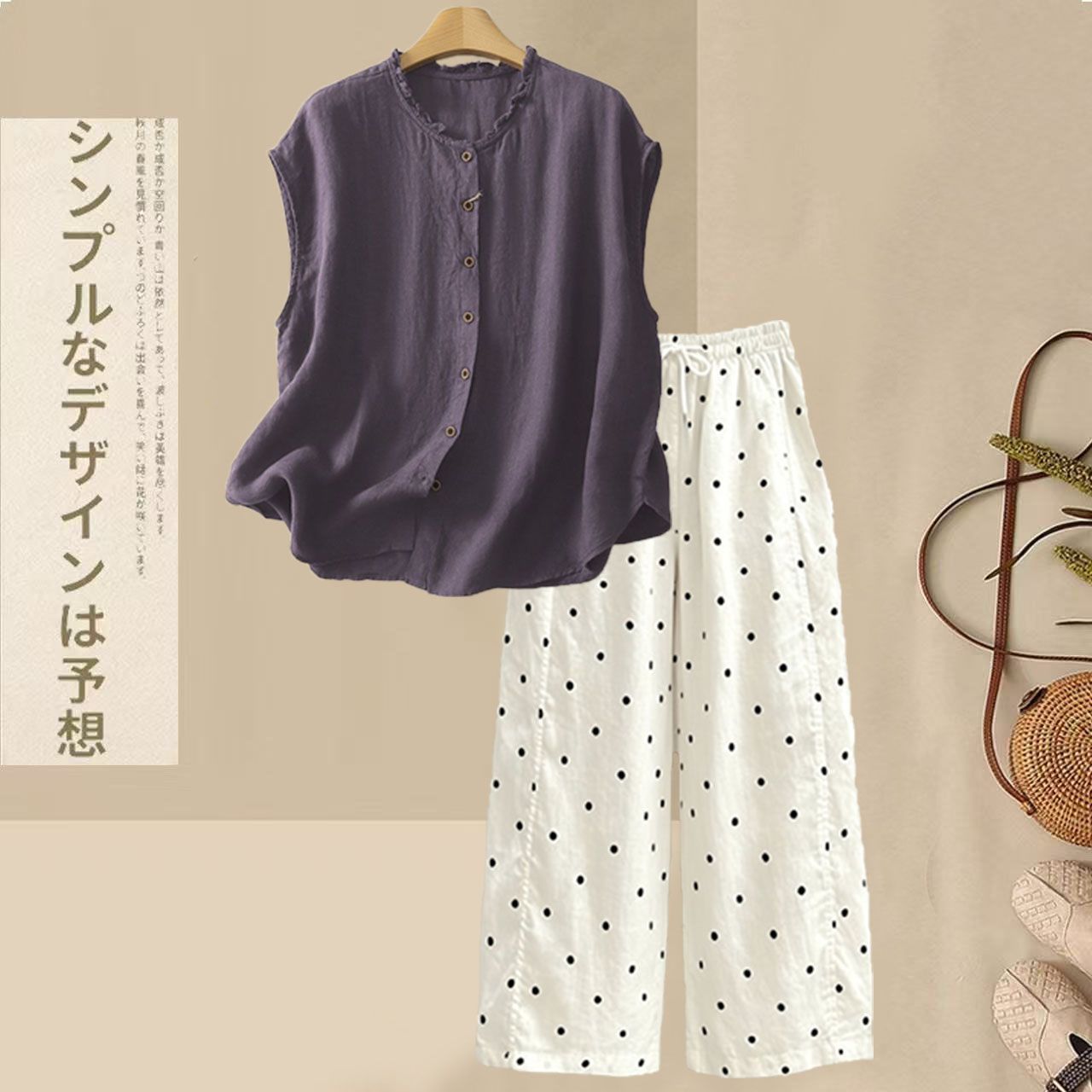【整套】慵懶風棉麻木耳襯衫+寬松休閑波點褲兩件套