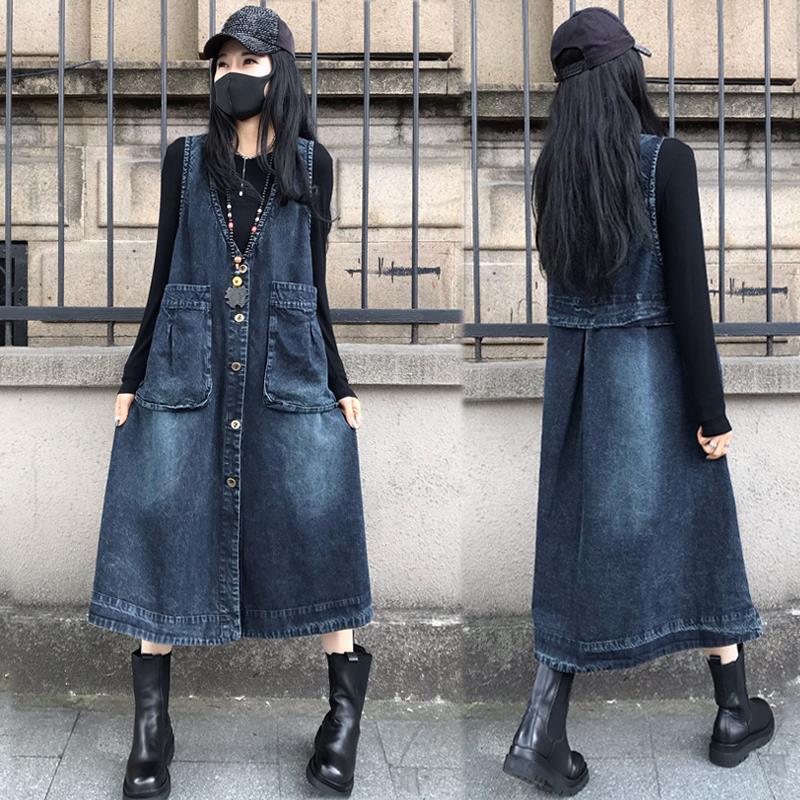 韓版寬鬆時尚中長款休閒牛仔背心連身裙