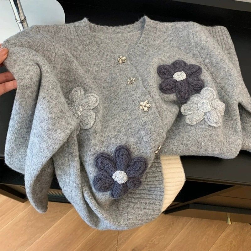 韓版花朵寬鬆毛衣外套慵懶刺繡針織開衫