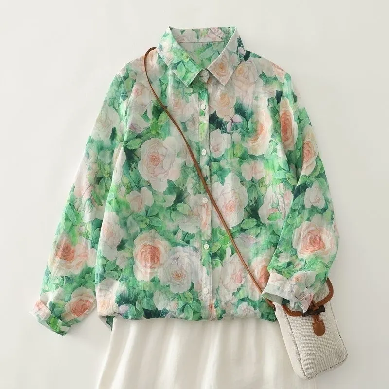 綠色碎花法式寬鬆顯瘦百搭長袖襯衫