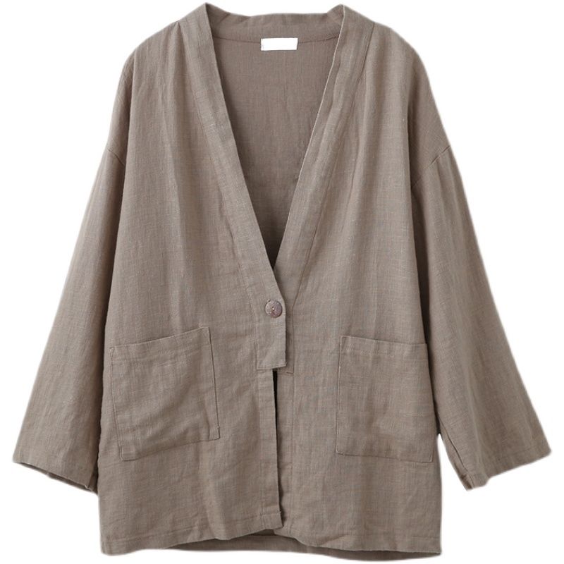 日系休閒棉麻寬鬆顯瘦一粒扣長袖開衫