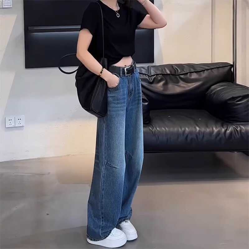 時尚小眾梨型身材顯瘦大碼闊腿牛仔褲