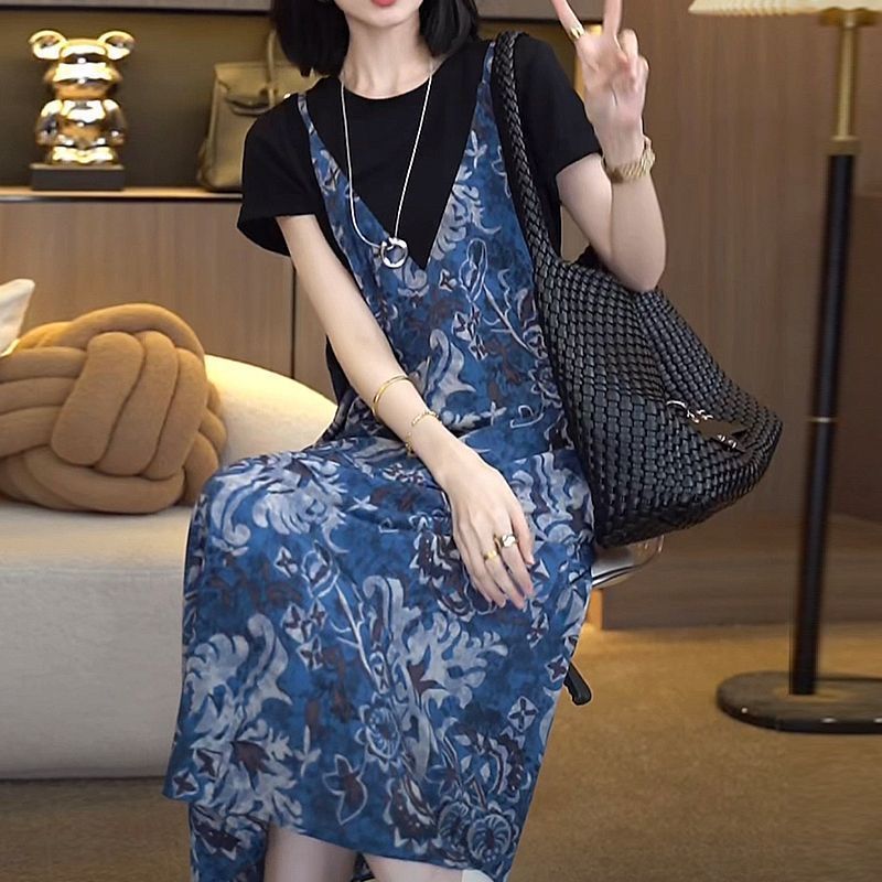 小香風有口袋吊帶假兩件大碼顯瘦過膝洋裝