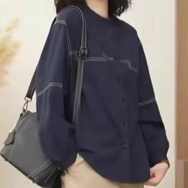 時尚寬松明線設計顯瘦洋氣減齡休閑通勤長袖襯衫