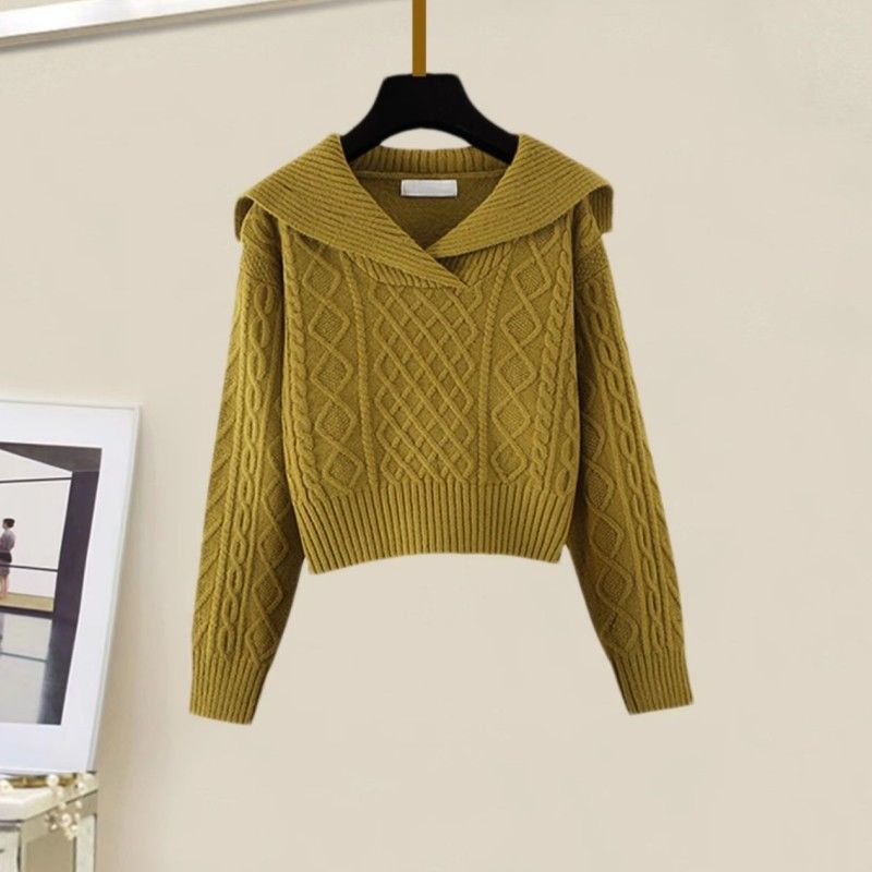 【單件/套裝】慵懶風娃娃領麻花毛衣+高腰A字針織半身裙兩件套