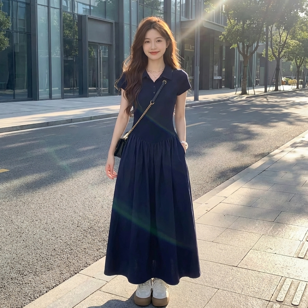 休閒polo領短袖拼接大擺慵懶長版洋裝