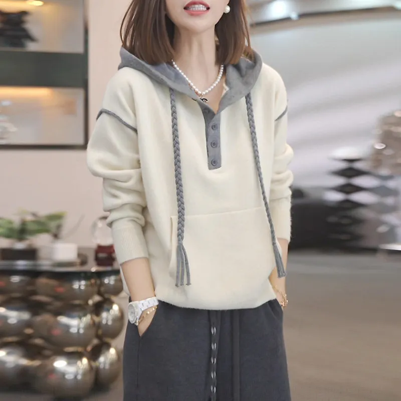 時尚休閒顯瘦寬鬆高級感洋氣百搭連帽毛衣