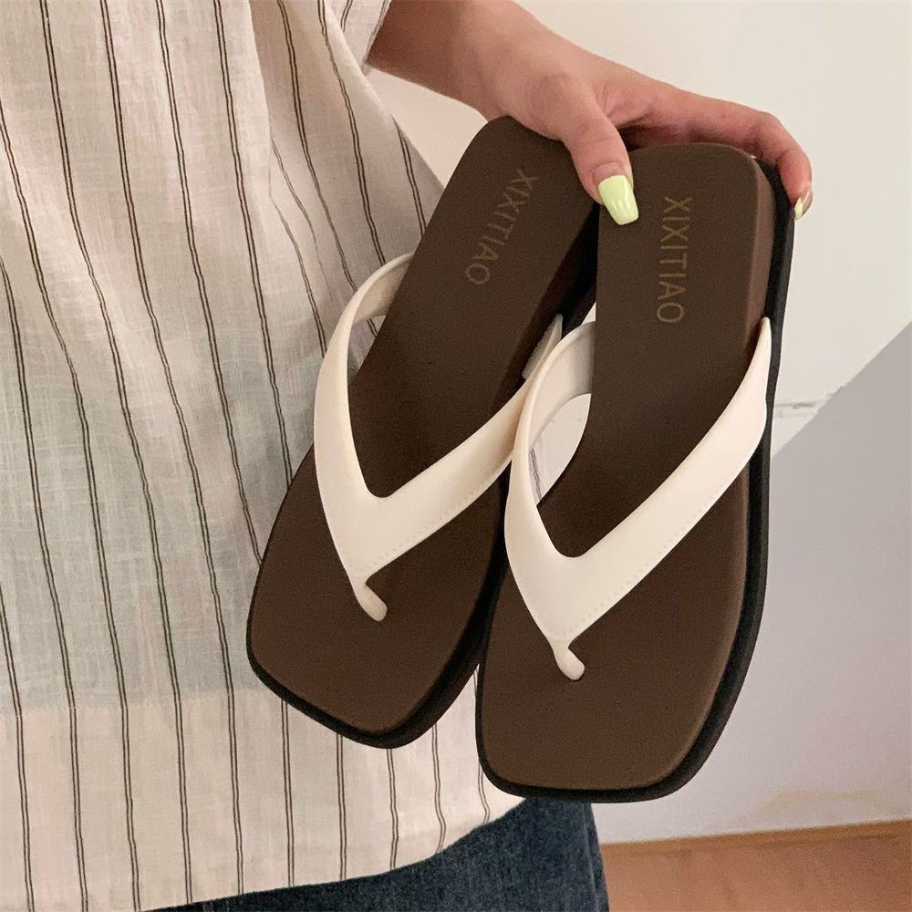 戶外休閒厚底復古拼色夾腳涼拖鞋