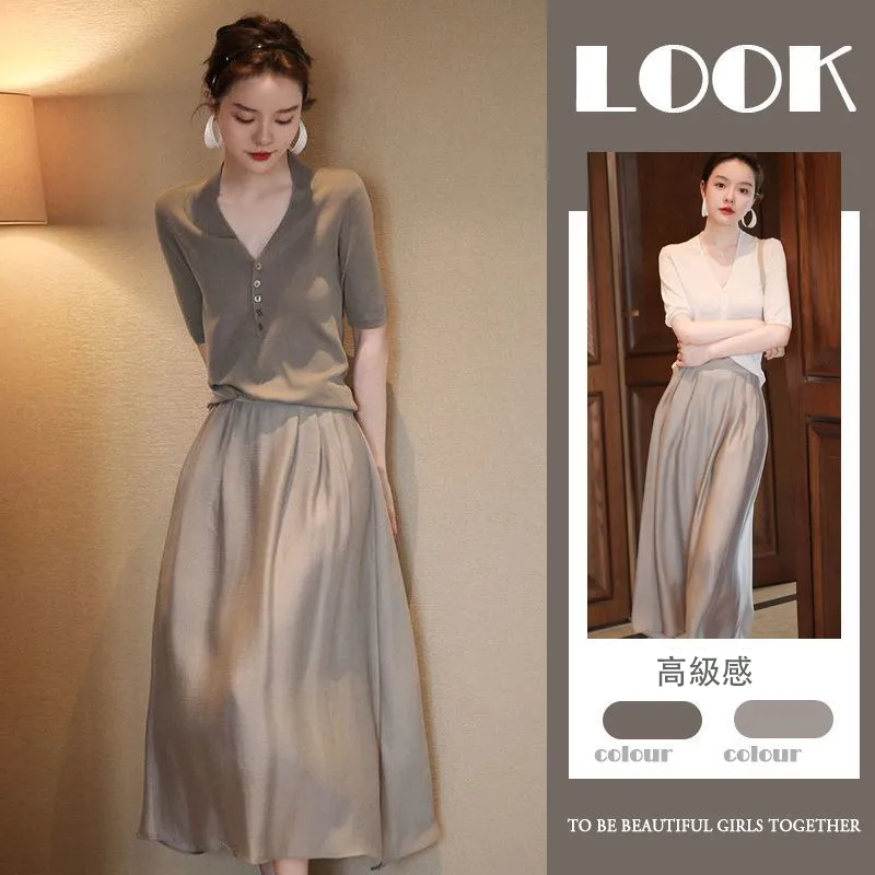 【單件】時尚簡約高級感V領上衣+冰絲半身裙兩件套裝