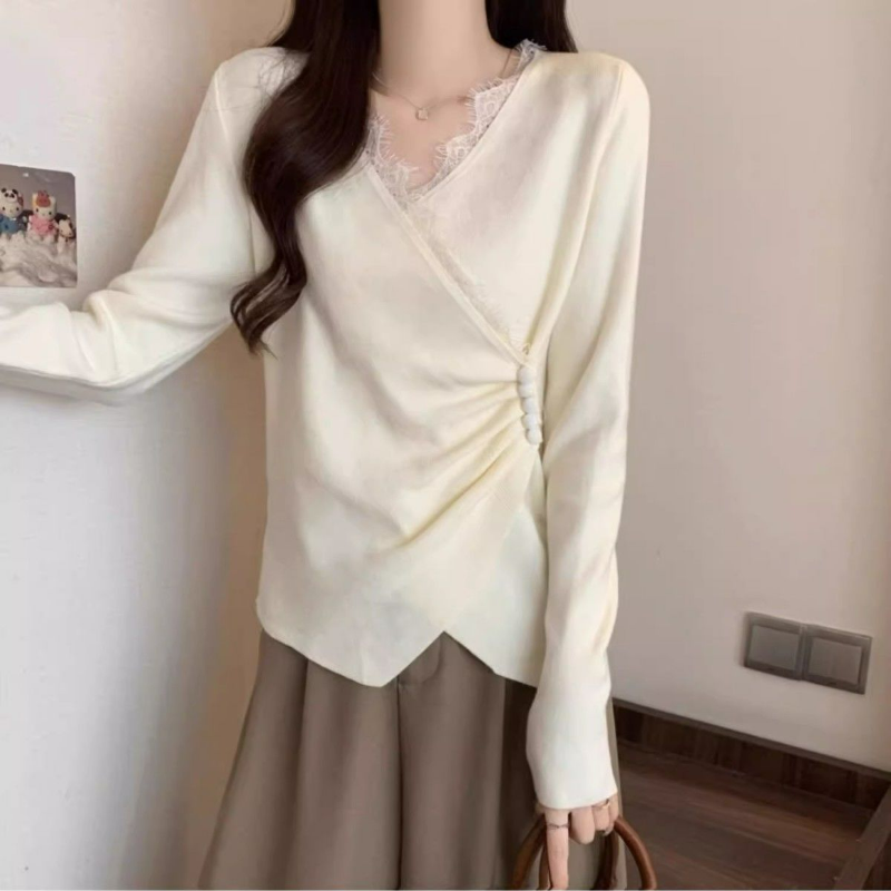 大碼德絨設計感蕾絲拼接V領不規則交叉打底衫長袖T恤