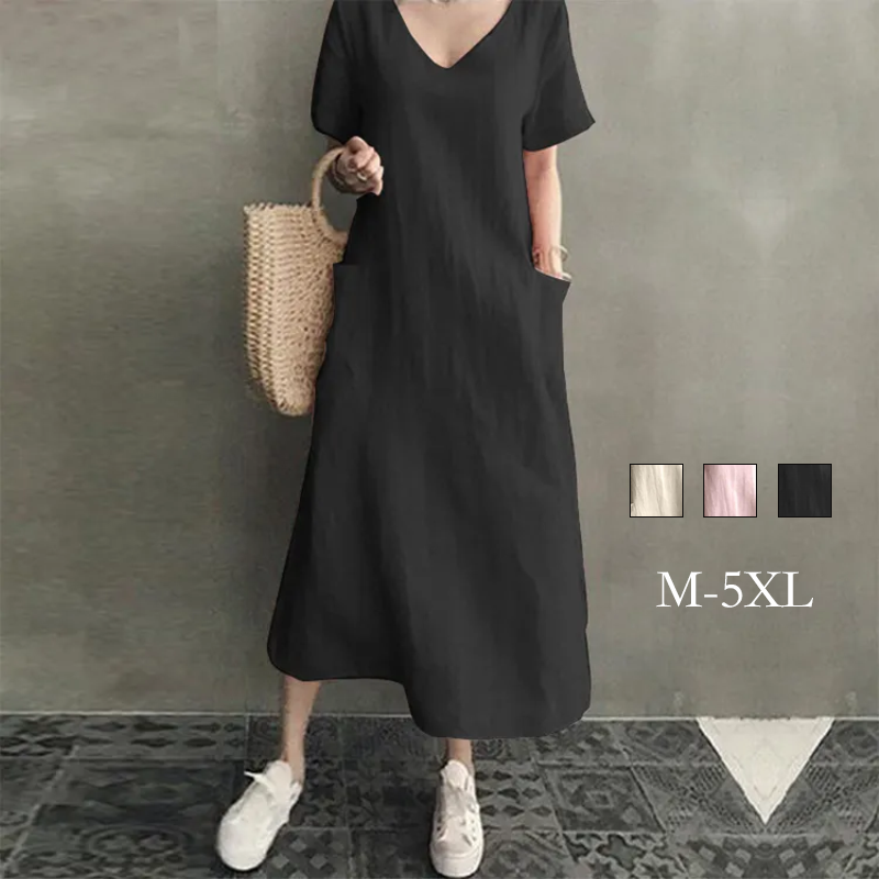 文藝國風復古棉麻V領大擺型寬鬆連身裙