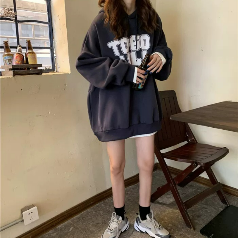 歐美bf慵懶風百搭寬鬆刷毛加厚連帽T