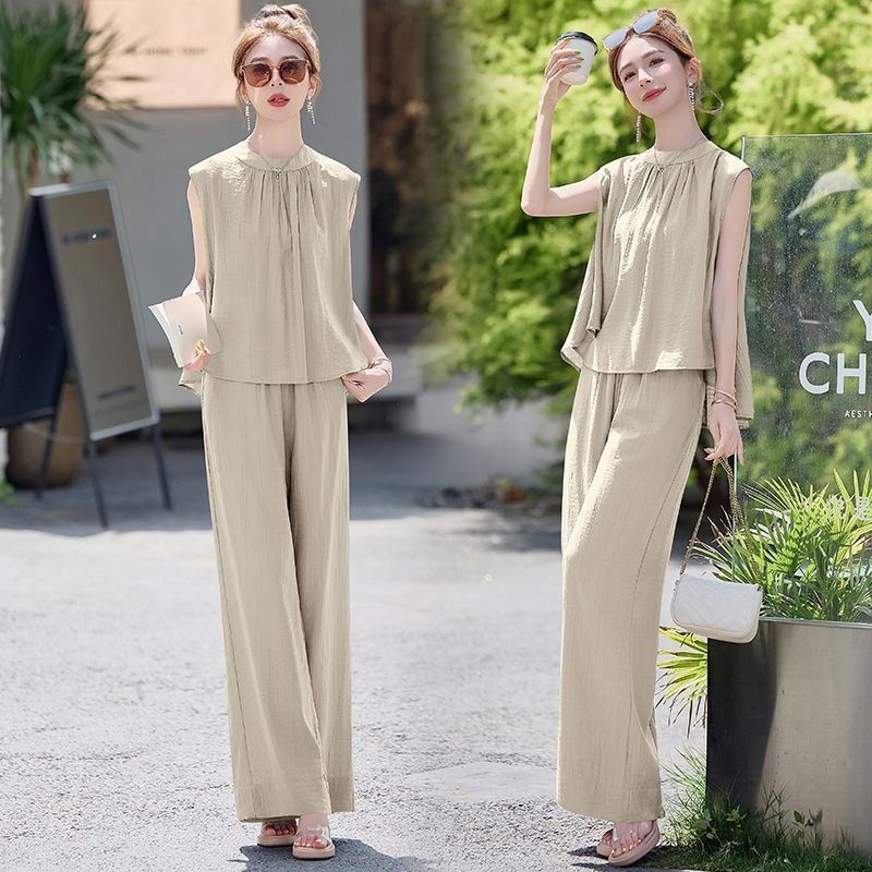 【整套】高級感洋氣氣質休閑無袖上衣+百搭闊腿褲兩件套