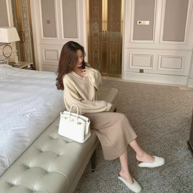 高級感V領慵懶風顯瘦鬆針織衫打底毛衣