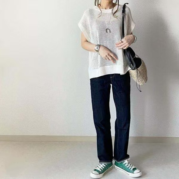 鏤空微透純色網衫寬鬆圓領套頭休閒短袖