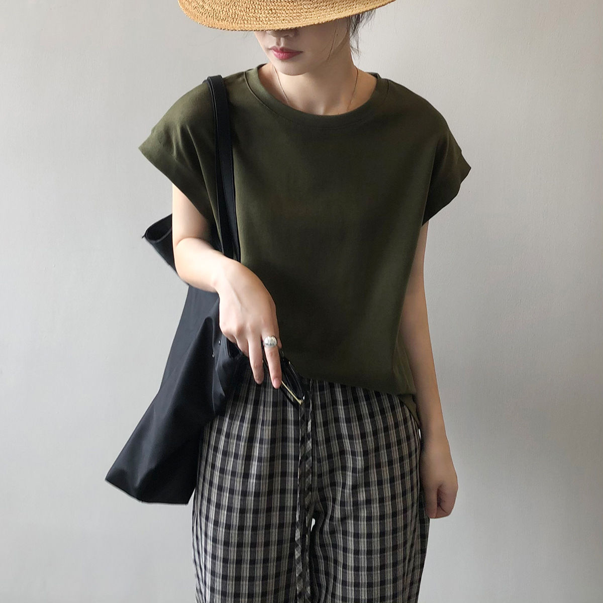 純棉落肩高級感寬鬆減齡洋氣小衫無袖短袖t恤