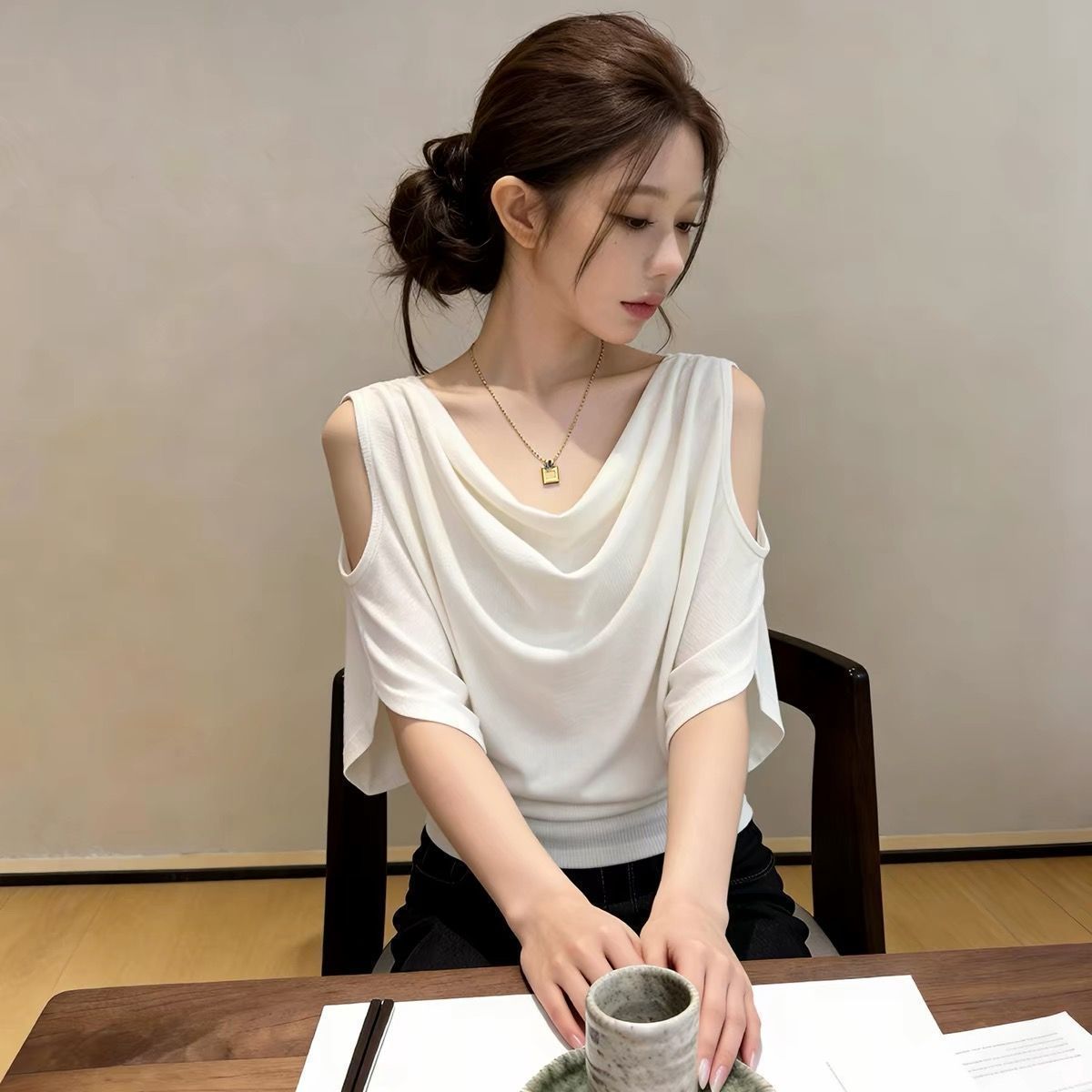韓版慵懶鬆弛蕩領寬鬆百搭性感短袖T恤