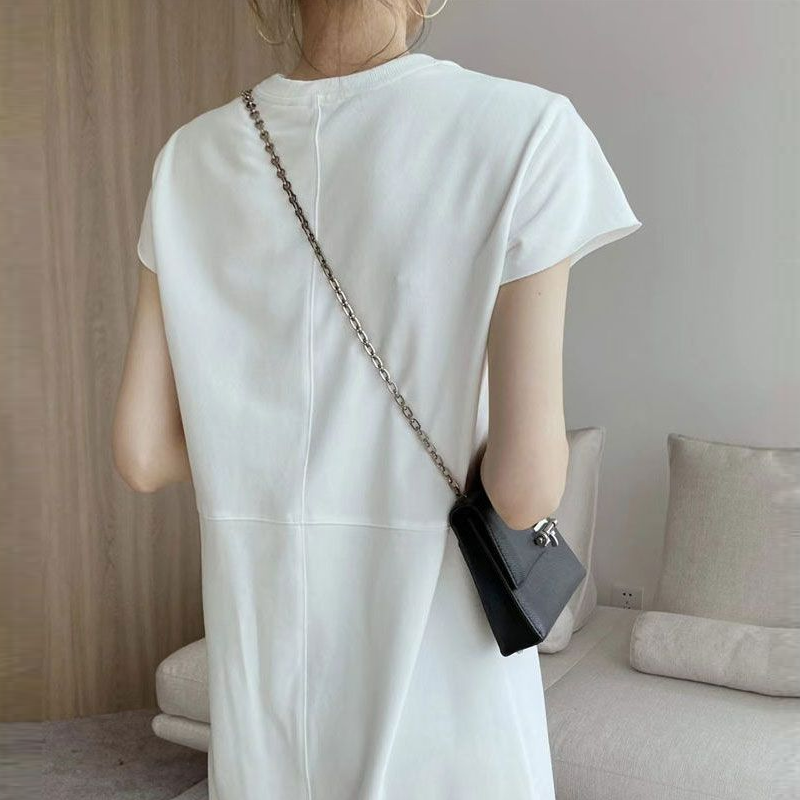 白色小眾設計感短袖t恤直筒連衣裙新款高級感長裙
