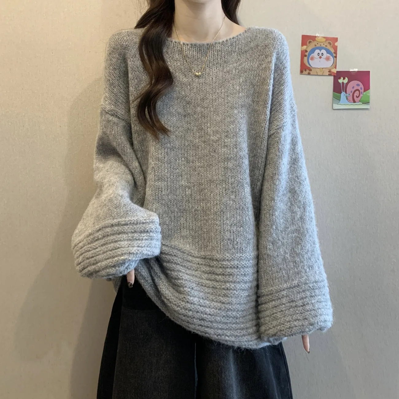 寬松燈籠袖大碼中長款針織衫軟糯慵懶風毛衣