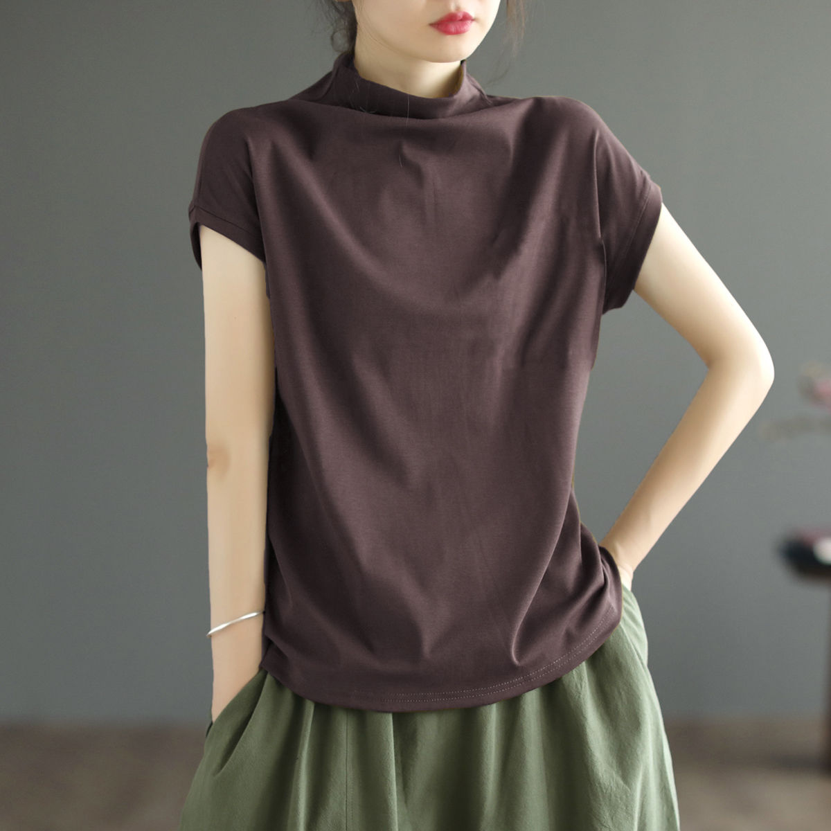 純棉文藝寬鬆顯瘦百搭半高領t恤短袖