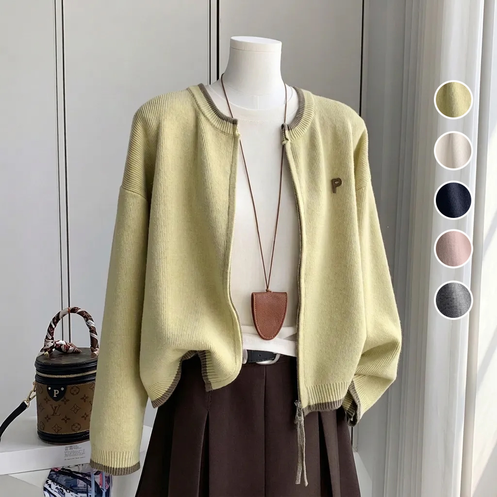 字母刺繡寬松雙拉鏈短版針織開衫
