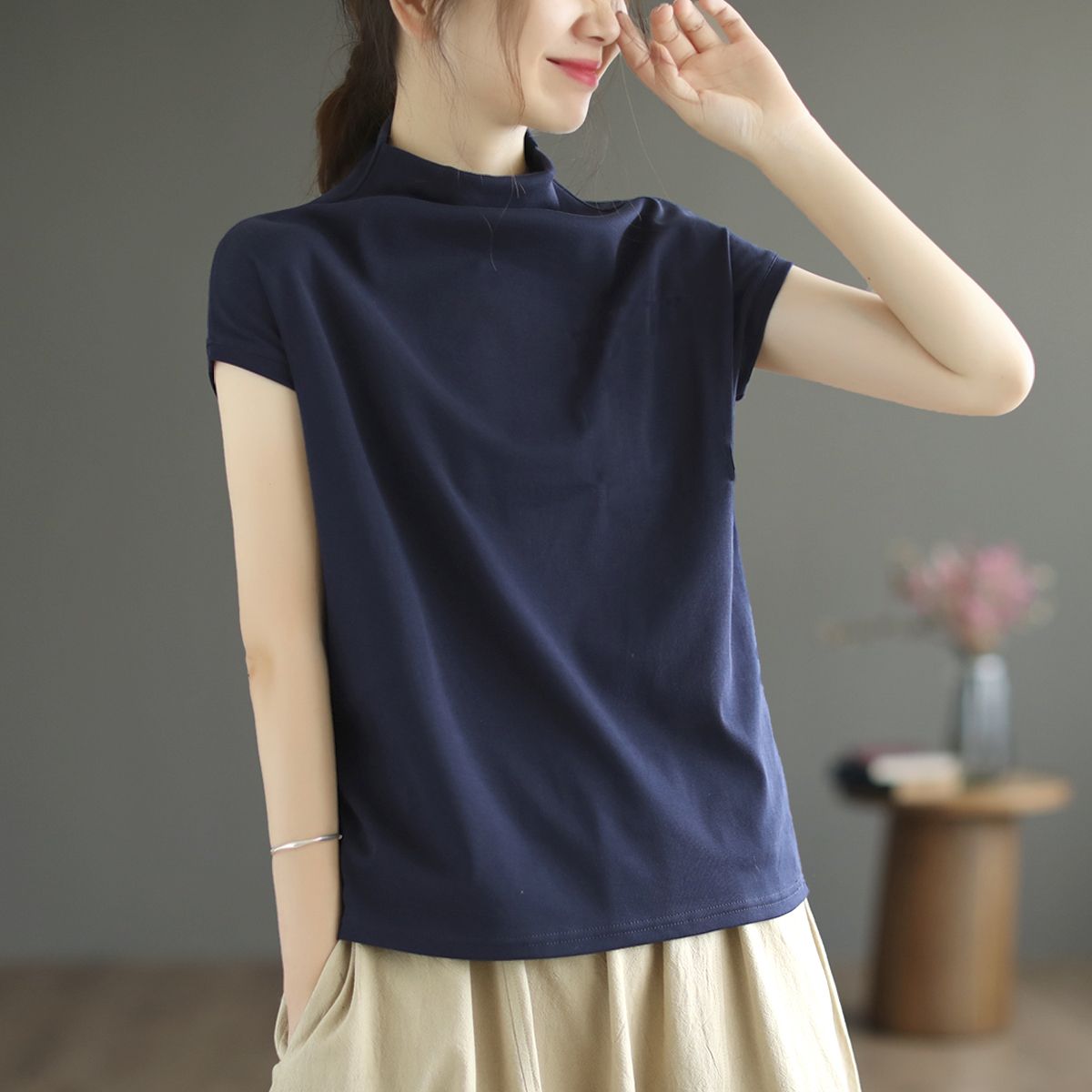 純棉文藝寬鬆顯瘦百搭半高領t恤短袖